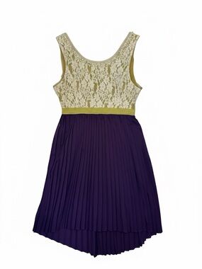 RYU Anthropologie Pleated Cream Lace & Purple High Low Midi Dress Size Large